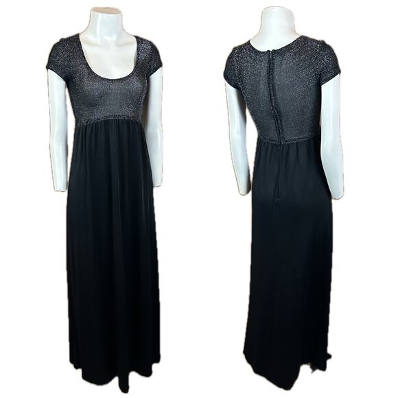 1970s Black Metallic Fitted Scoop neck Disco Maxi Dress / Juniors / Women’s XS * - Picture 3 of 4